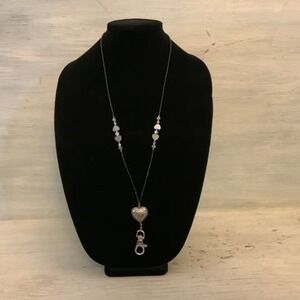 Long Black & Silver Beaded Lanyard Necklace w/ Embossed Heart & Lobster Clasp GC